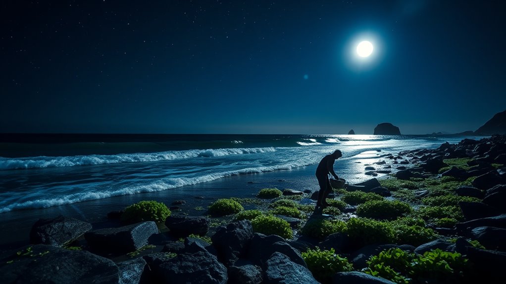 harvesting sea lettuce at night